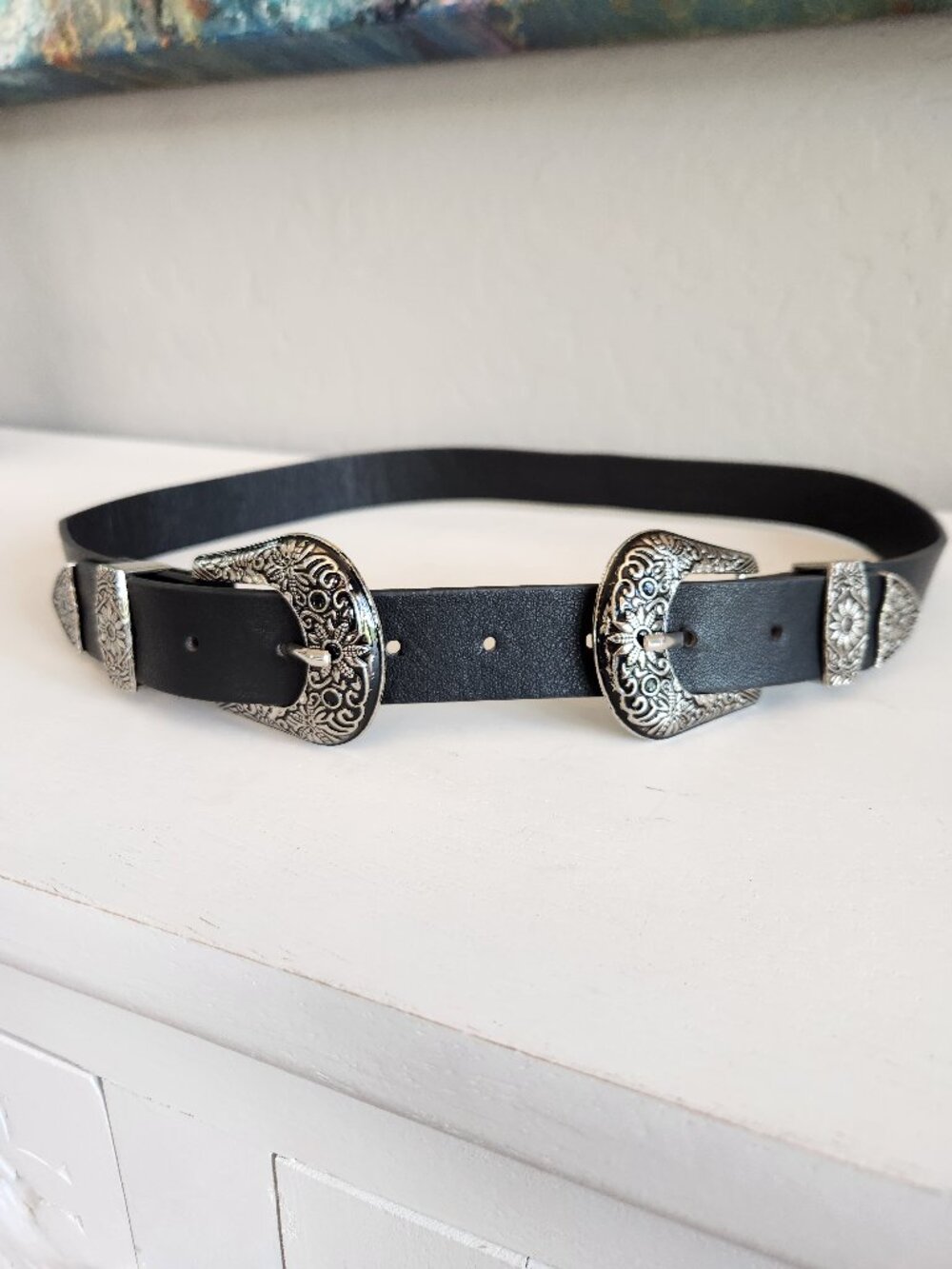 Double Buckle Western Belt | Black PU Leather w/ Silver Tone Hardware | 34"-38"